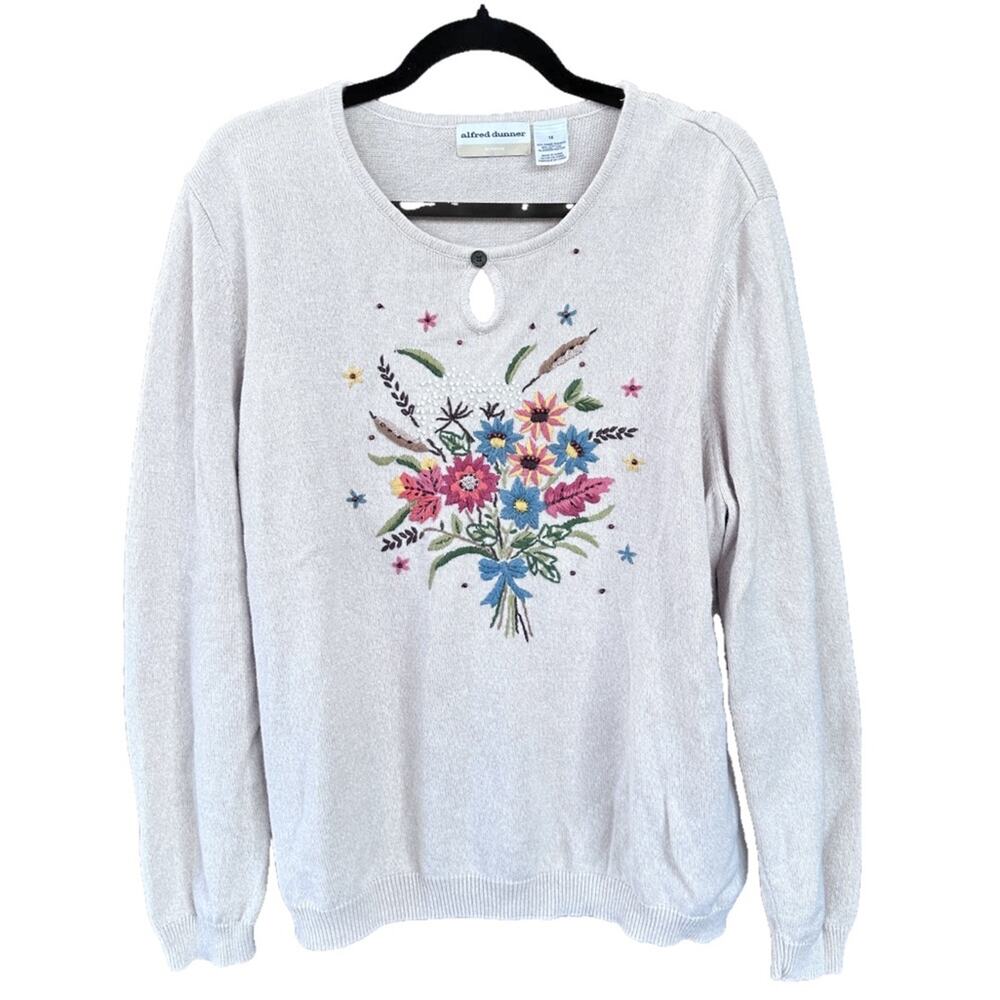 Vintage Alfred Dunner Crewel Embroidered Flower Bouquet Design Sweater Size 1X
